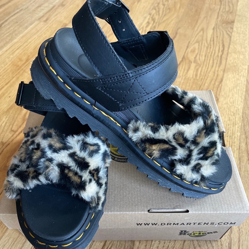Dr. Martens Voss II Fluffy Leopard Faux Fur & Hydro Leather Sandal 7